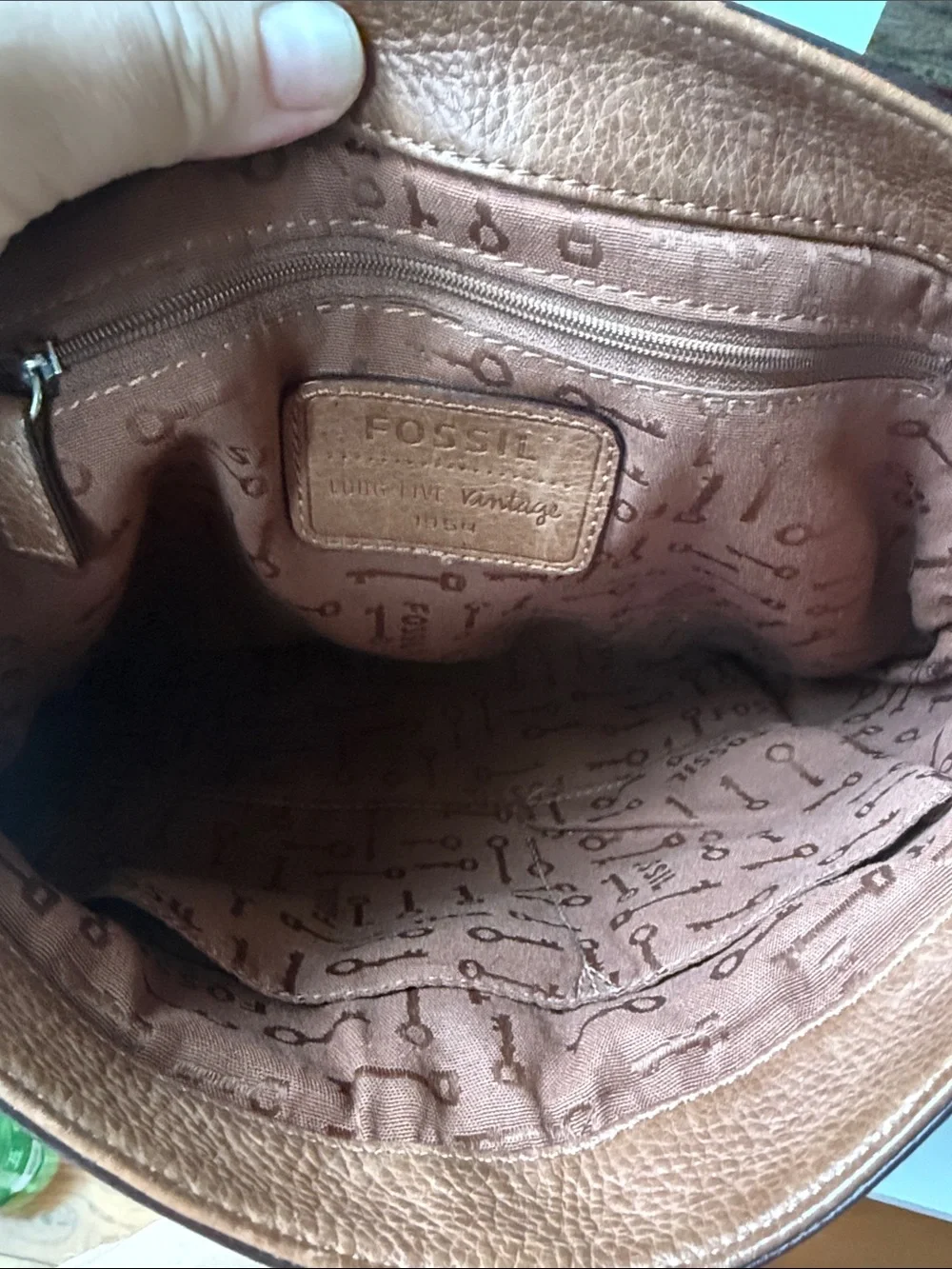 Fossil Tan Leather Messenger Bag with Silver Hardware